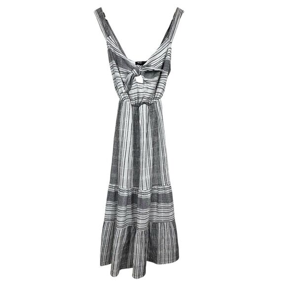 Slate & Willow Tiered Midi Dress Small Black White Stripe Tie Front Boho Cottage - Picture 2 of 15